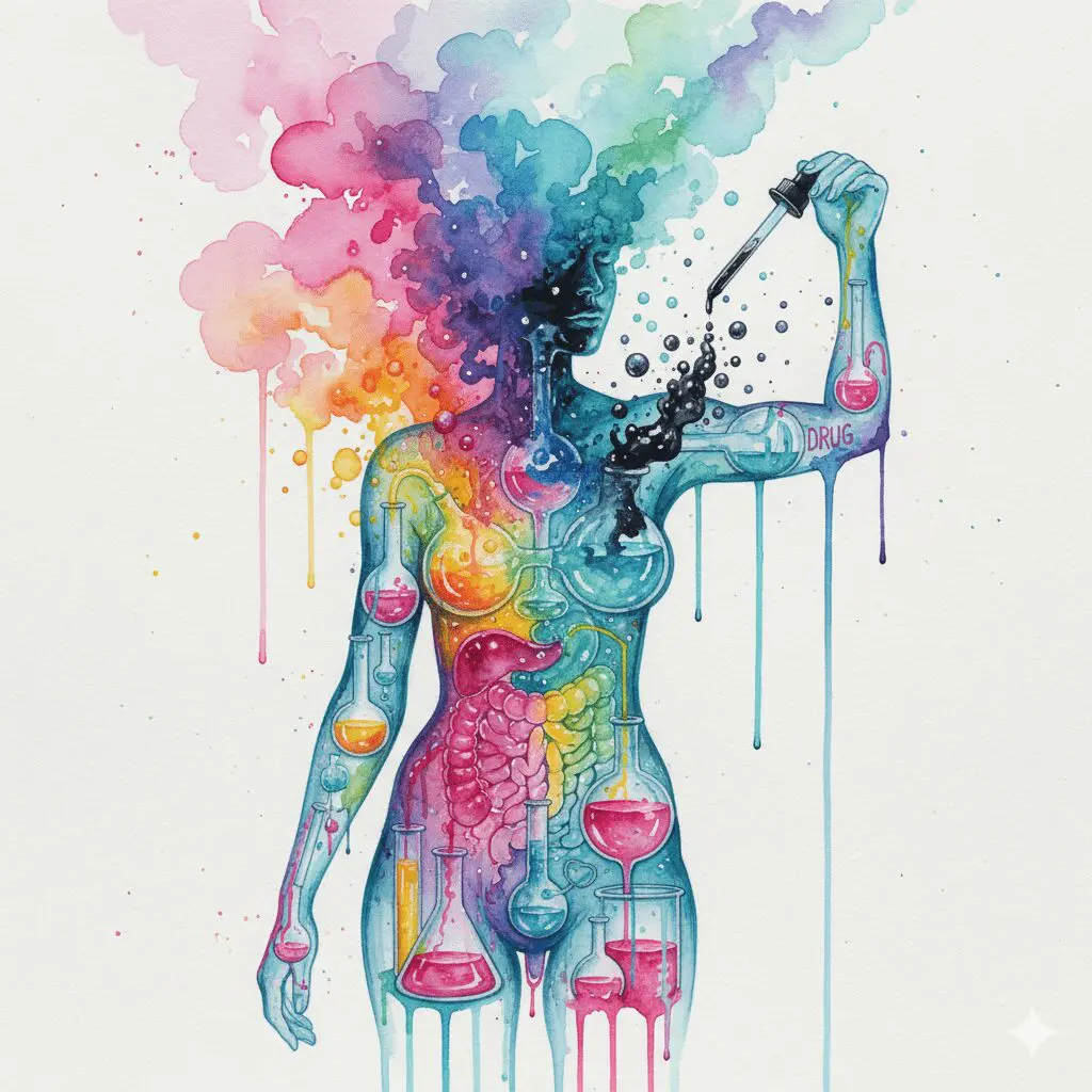 Der weibliche Körper als Chemielabor, in dem Hormone und Drogen heftig miteinander reagieren, als Symbol für die einzigartige biologische Anfälligkeit von Frauen für Sucht.