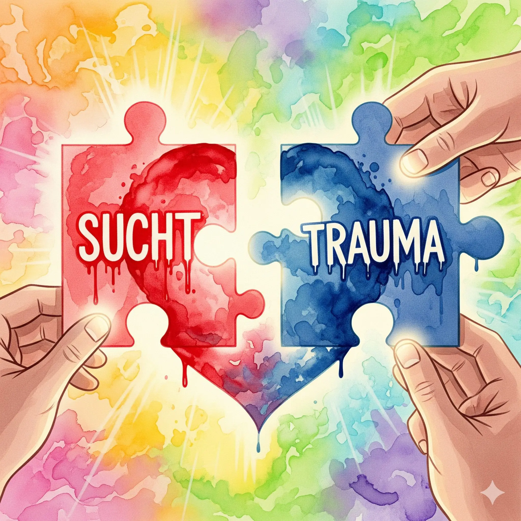 Hände, die zwei Puzzleteile mit der Aufschrift "SUCHT" und "TRAUMA" zu einem Herz zusammensetzen, als Symbol für die Notwendigkeit der integrierten Behandlung.