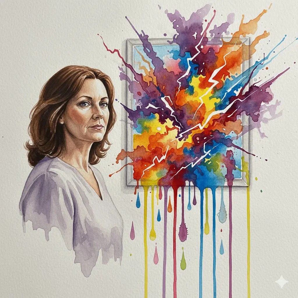 Eine Frau, deren Spiegelbild einen emotionalen Sturm zeigt, als Symbol für die unsichtbare psychische Belastung der Wechseljahre hinter einer gefassten Fassade.