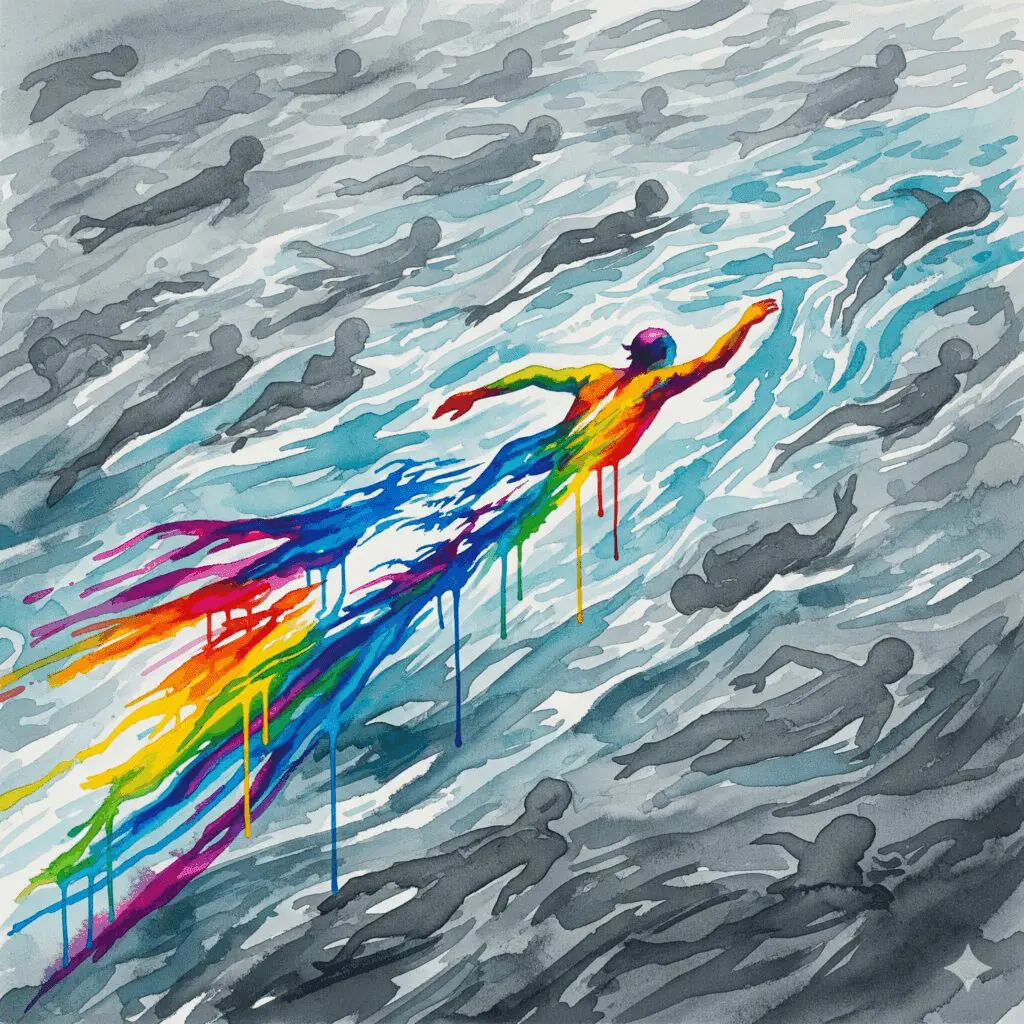Eine einzelne Figur schwimmt gegen den Strom, symbolisiert Zivilcourage und das Festhalten an der eigenen Meinung, gemalt in tropfenden Wasserfarben.