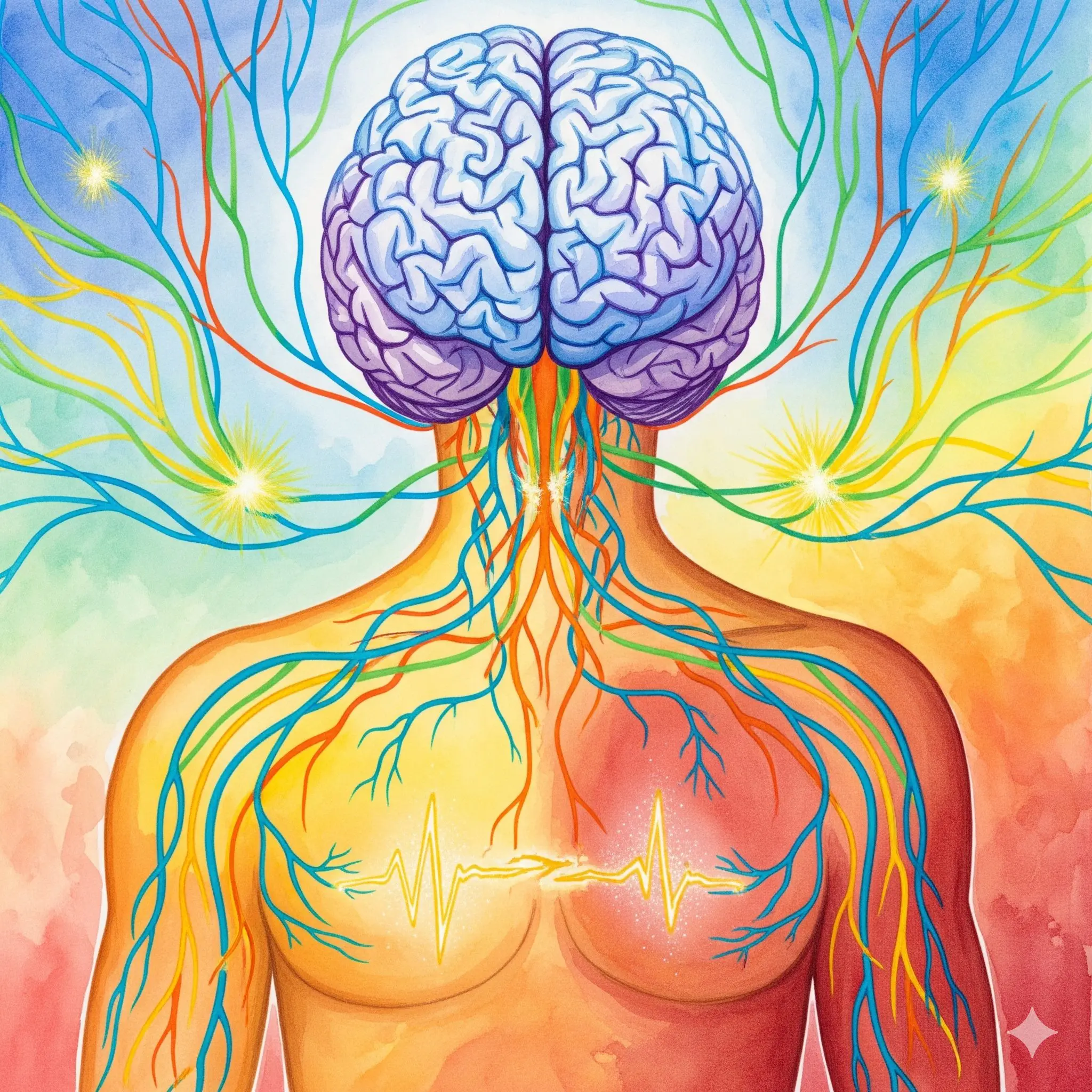 Gehirn und Körper verbunden durch goldene Nervenbahnen, teilweise unterbrochene Verbindungen in Watercolor - Neurobiologie