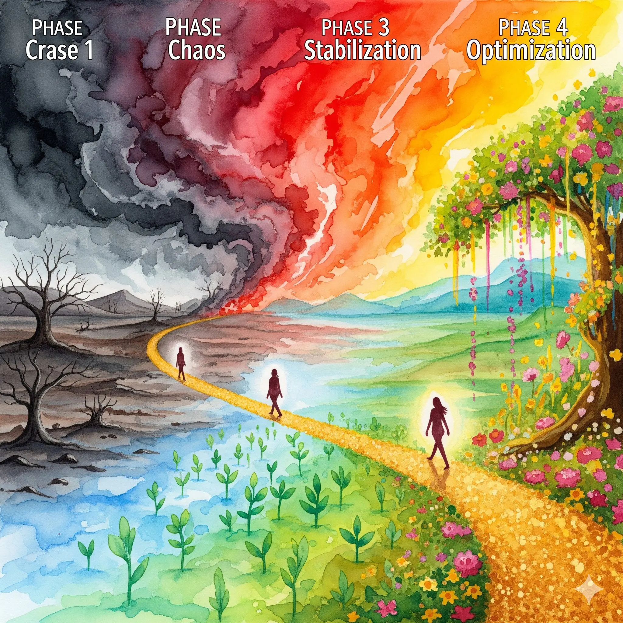 Hormon Heilungs Reise vier Phasen Recovery endokrin System Wüste Sturm Stabilisierung blühender Garten goldener Pfad