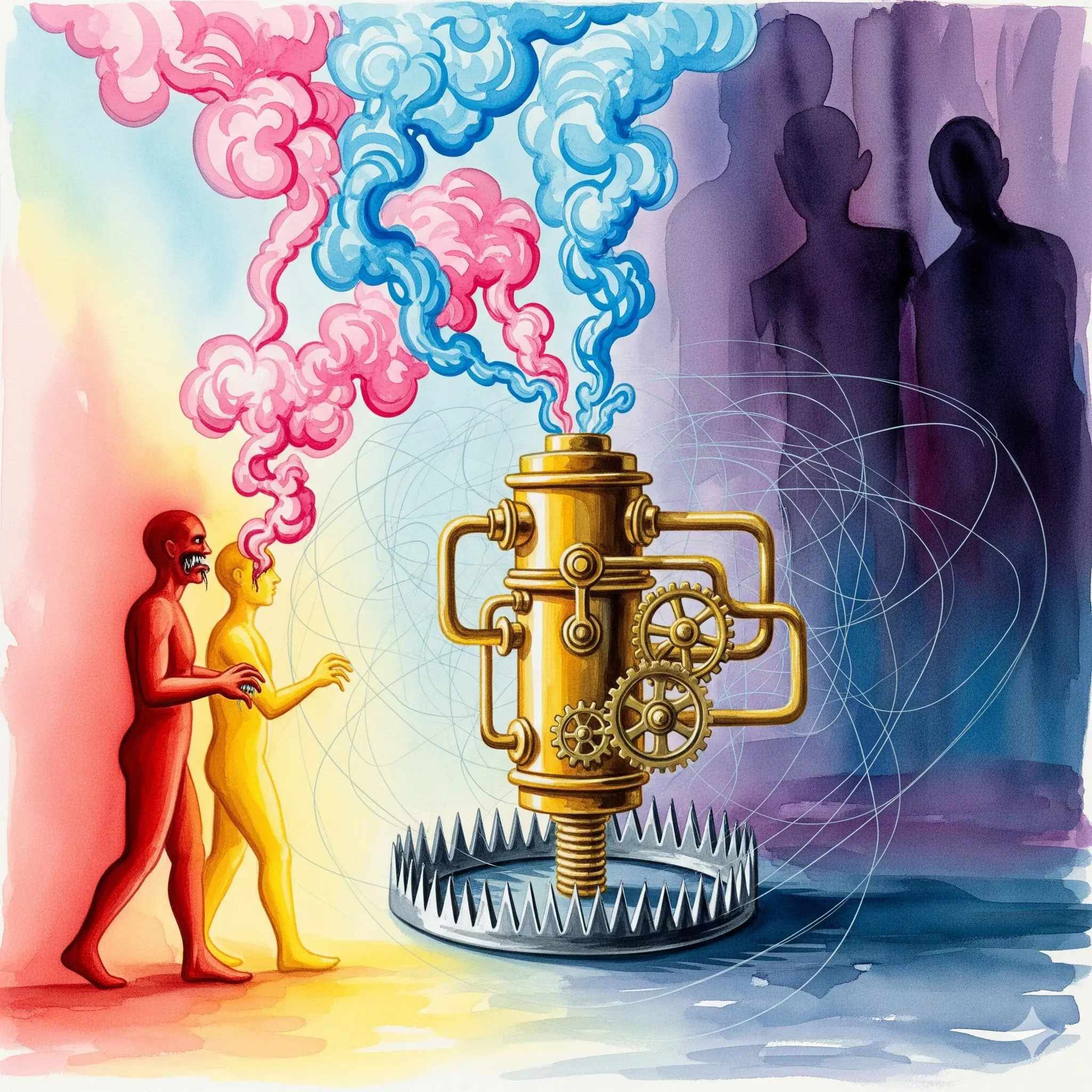 Hormon Sucht Falle Verlockung Gefahr Recovery Vorsicht goldene Maschine rosa blaue Dämpfe unsichtbare Fallen