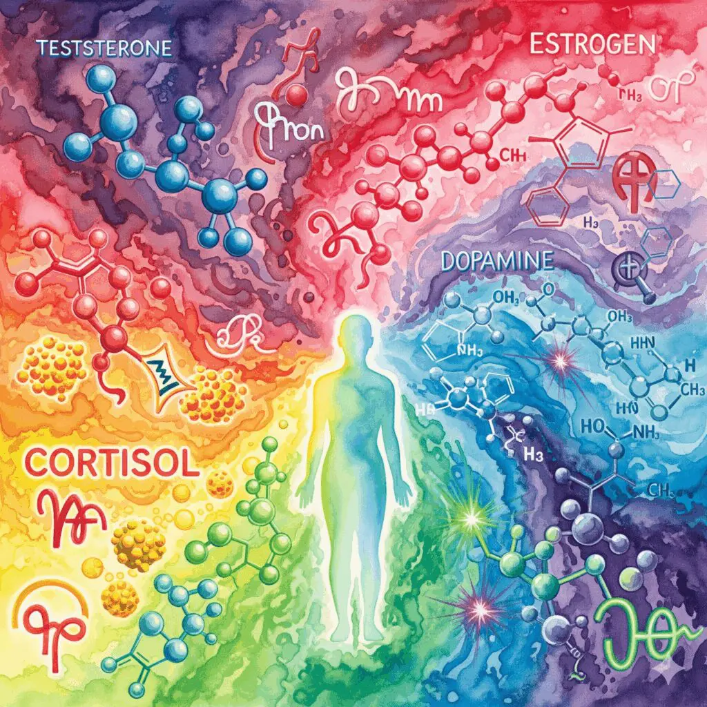 Hormone Recovery Sturm Testosteron Östrogen Cortisol Dopamin Moleküle chemische Strukturen Chaos Harmonie Heilung
