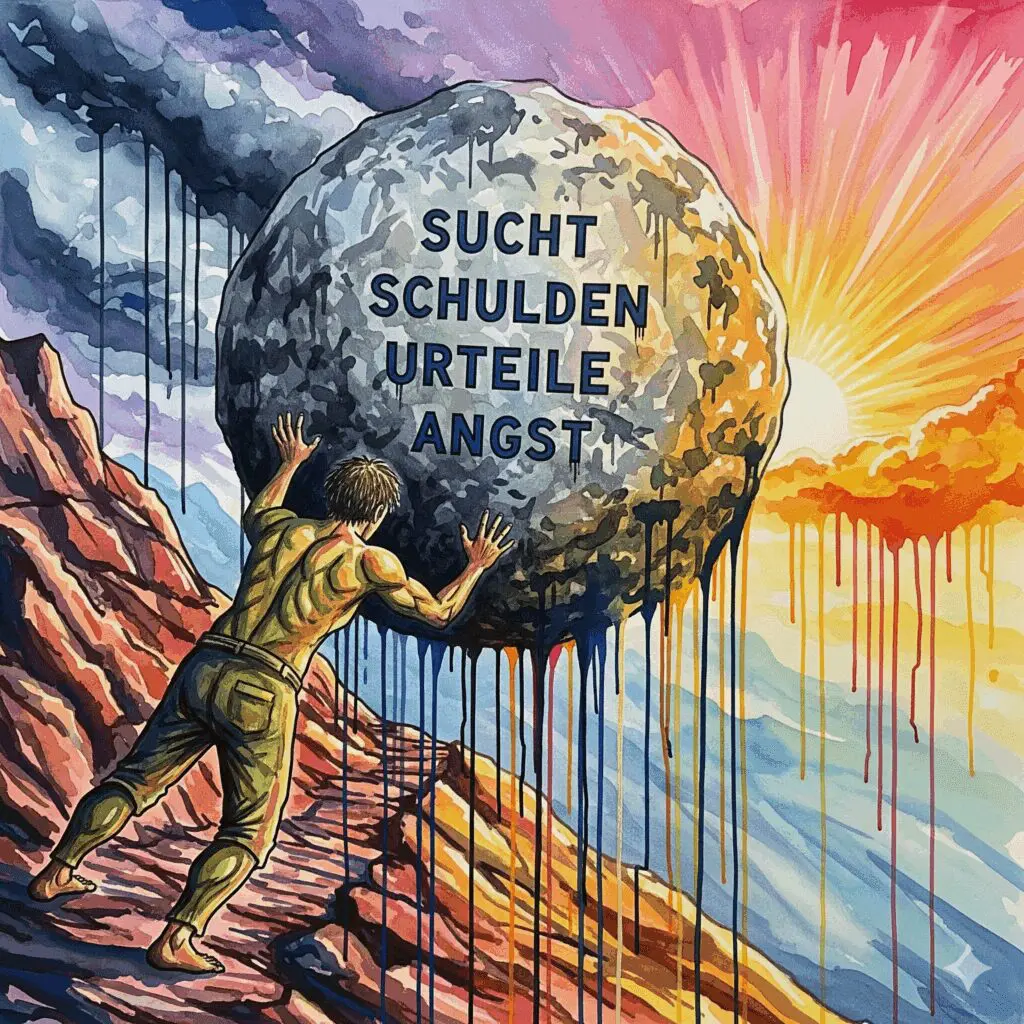 Ein Mensch in der Sucht-Recovery schiebt einen schweren Felsen mit Problemen den Berg hinauf, als Symbol für Resilienz und Kampfgeist, in Wasserfarben-Optik.