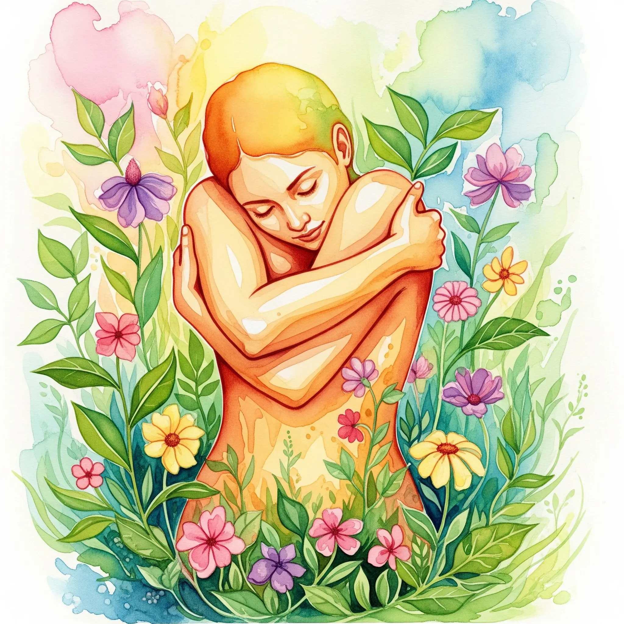 Person umarmt sich selbst liebevoll in goldenen Tönen, umgeben von wachsenden Blumen und Pflanzen