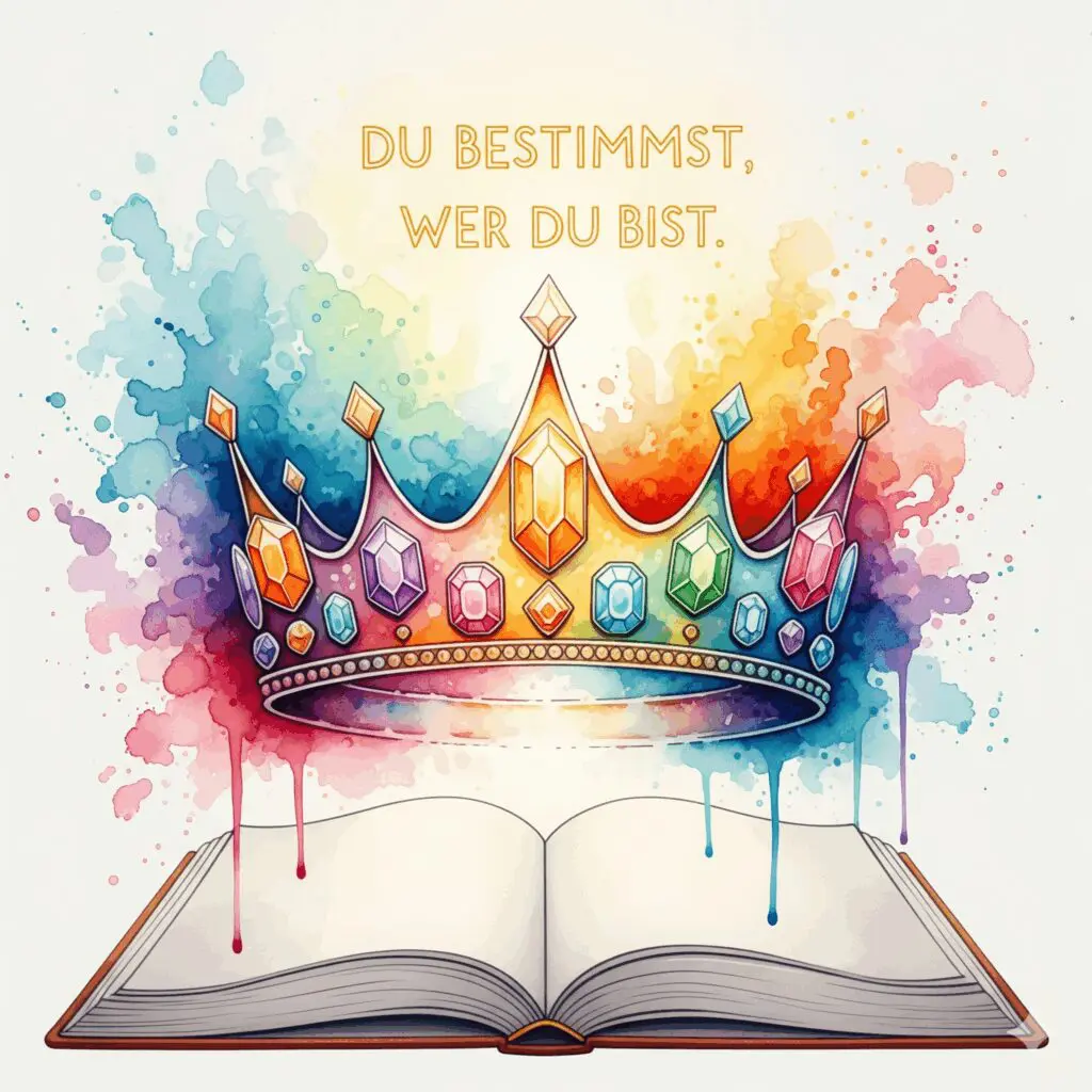 Eine bunte Krone aus Edelsteinen schwebt über einem leeren Buch, als Symbol dafür, die eigene Geschichte und sexuelle Identität selbst zu bestimmen.