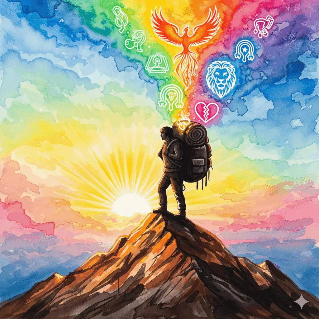 Eine Person trägt einen schweren Rucksack voller Lebenserfahrung, der aber Stärke symbolisiert, während sie in den Sonnenaufgang blickt. Gemalt in Wasserfarben.