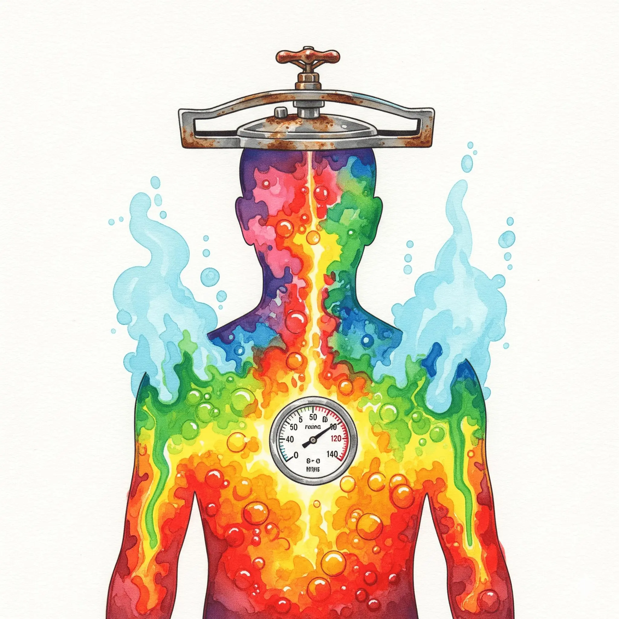 Ein Mann als brodelnder Druckkochtopf voller unterdrückter Emotionen, als Symbol für den Zusammenhang zwischen emotionaler Verdrückung und Rückfallrisiko.