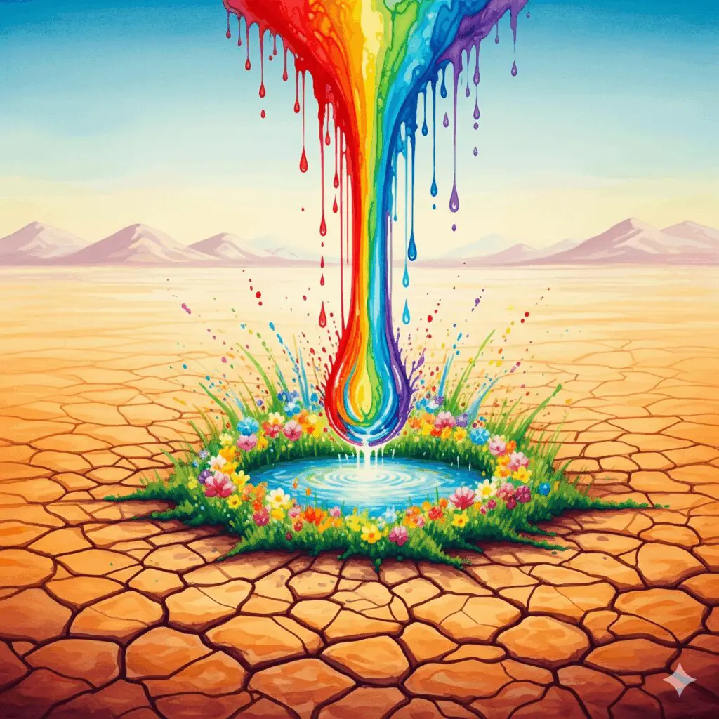 Eine einzelne Träne, die in einer Wüste eine Oase zum Blühen bringt, als Symbol für die heilende und lebensspendende Kraft von erlaubten Emotionen in der Recovery.