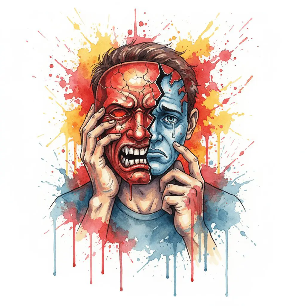 Künstlerische Darstellung von Wut als Maske für Trauer und Angst, gezeigt als ein Mann, der eine feuerrote, aber rissige Wut-Maske vor seinem traurigen Gesicht hält.