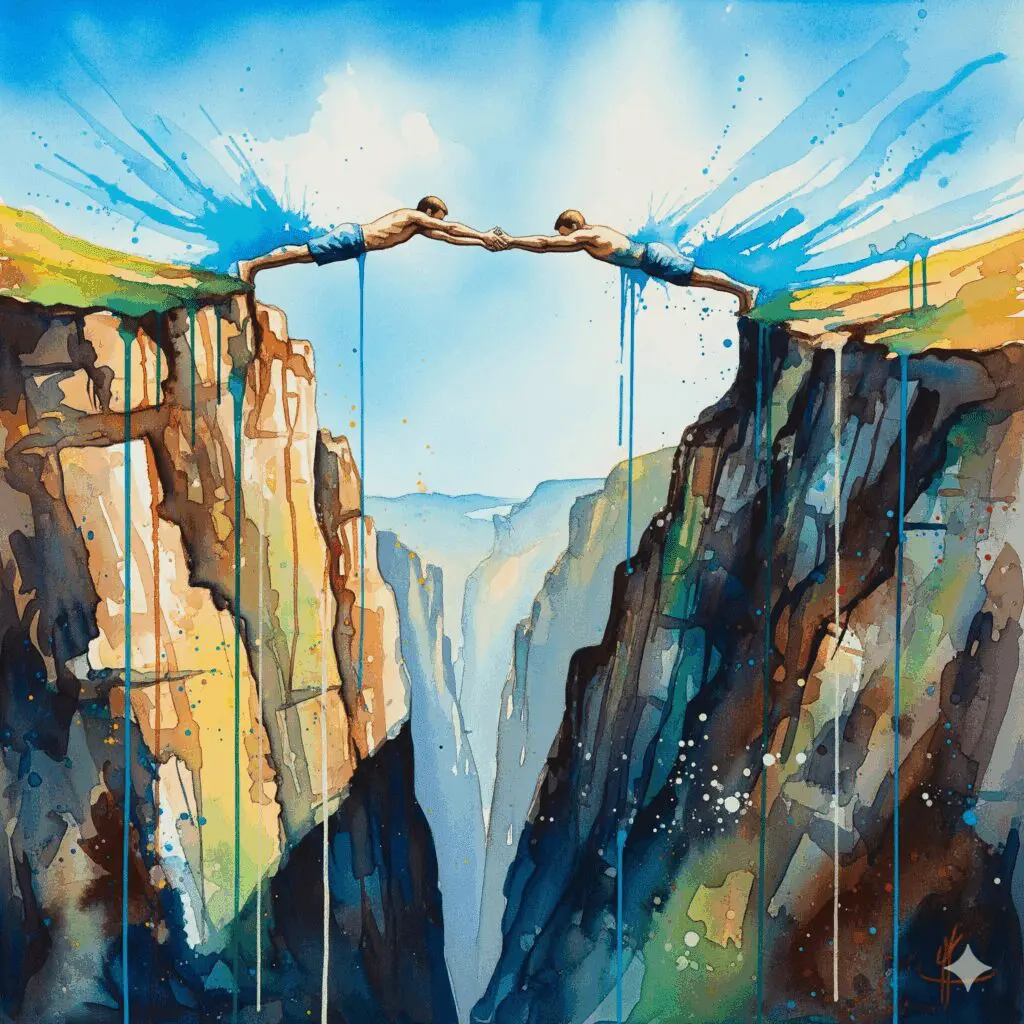 Zwei Männer, die eine menschliche Brücke über eine Schlucht bilden, als Symbol für die lebensrettende Unterstützung und den Halt in einer echten Männerfreundschaft in Recovery.