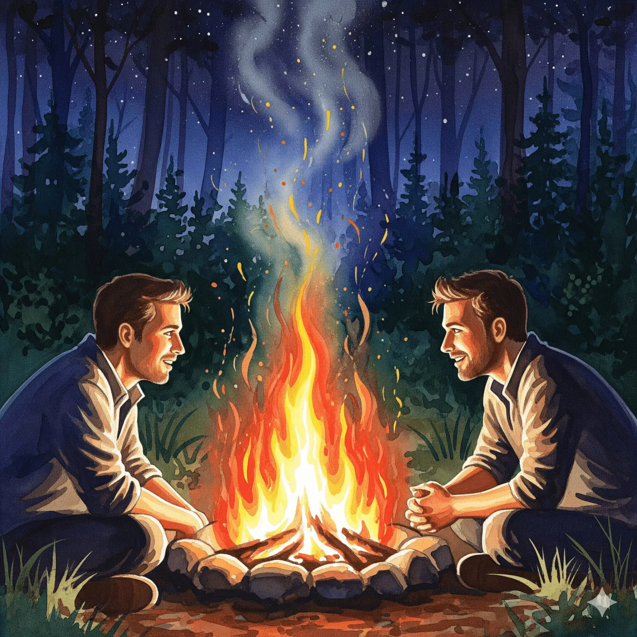 Zwei Männer sitzen an einem Lagerfeuer und reden, als Symbol für einen sicheren Raum und echte, emotionale Intimität in einer Männerfreundschaft.
