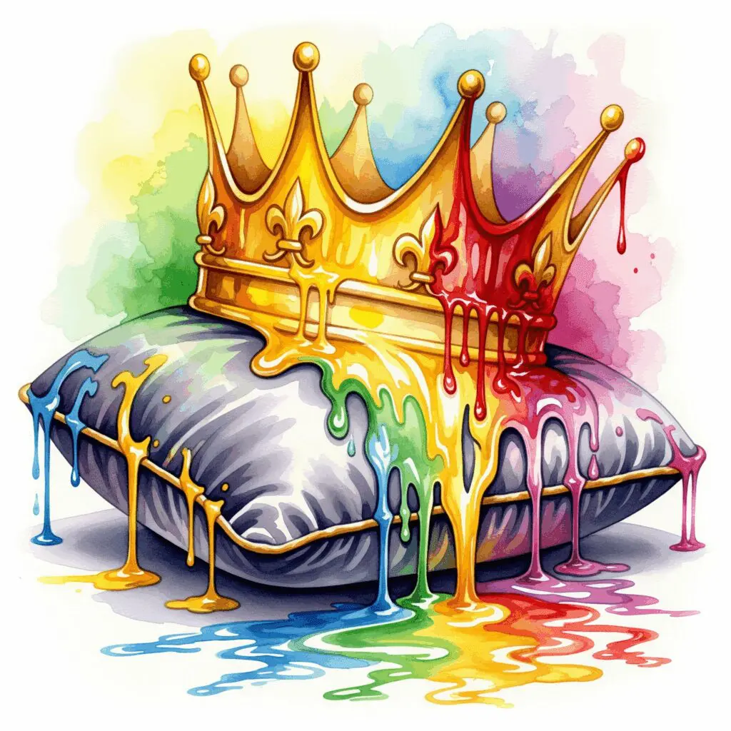 Eine schmelzende Krone als Symbol für den Statusverlust und den psychischen Zusammenbruch des Rappers Mois, gemalt in zerlaufenden Watercolor-Farben.