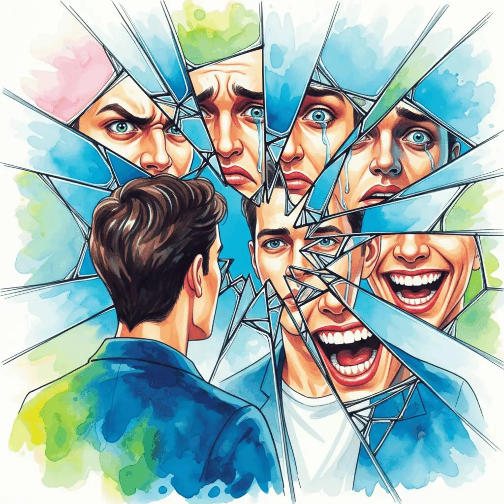 Ein zerbrochener Spiegel, der die fragmentierte Identität und den psychischen Zustand von Mois widerspiegelt, in bunten Watercolor-Farben.