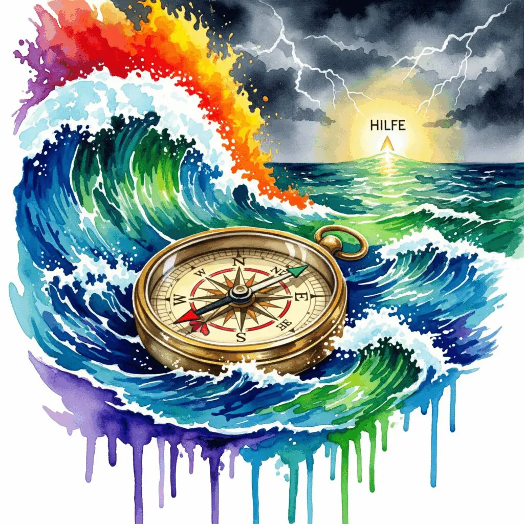Ein Kompass in einem Sturm, der auf das Wort "HILFE" zeigt, als Symbol für den möglichen Ausweg aus einer psychischen Krise wie der von Mois.