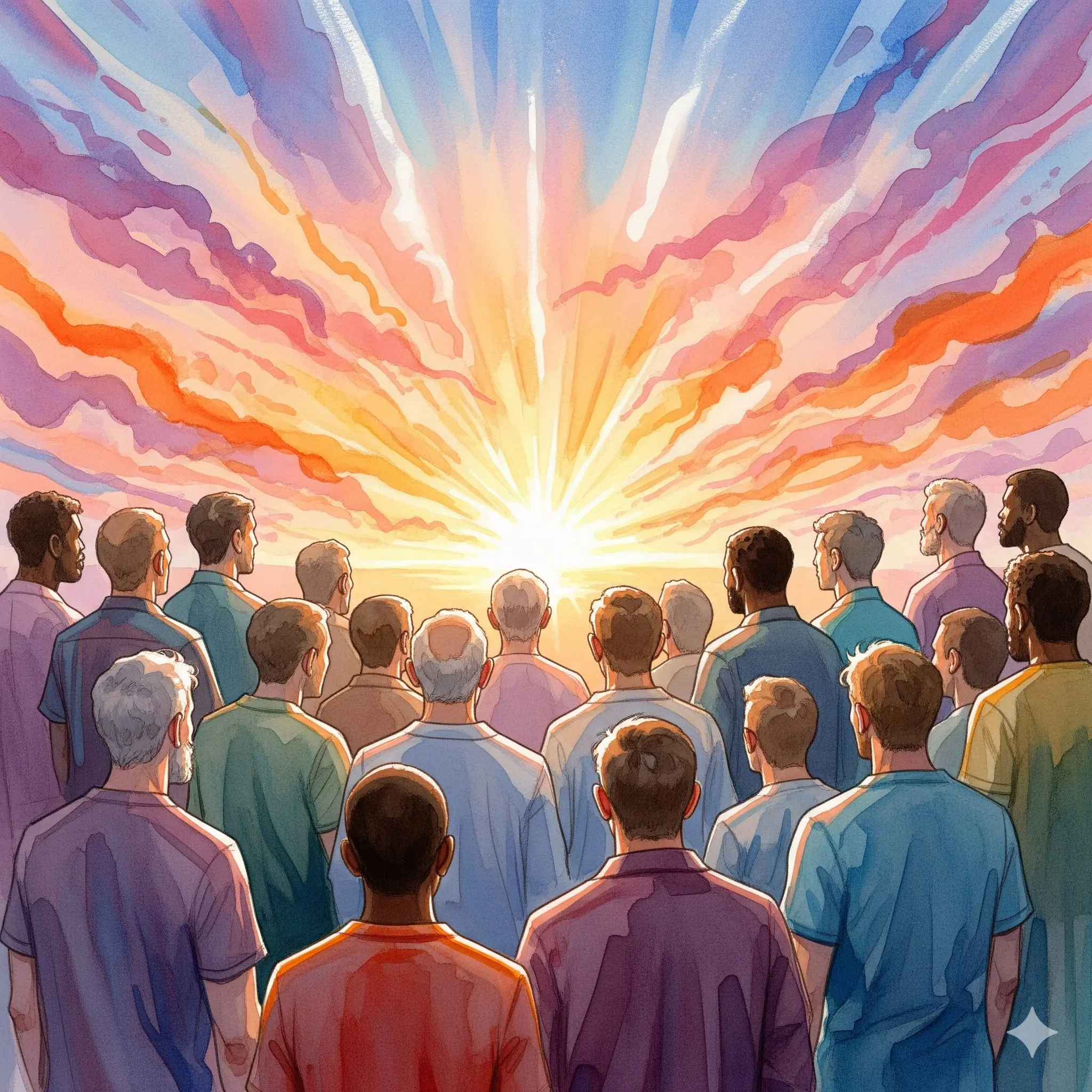 Eine Gruppe von Männern steht zusammen und blickt in einen Sonnenaufgang, als Symbol für die Hoffnung und die Gemeinschaft der neuen, emotional intelligenten Männlichkeit.