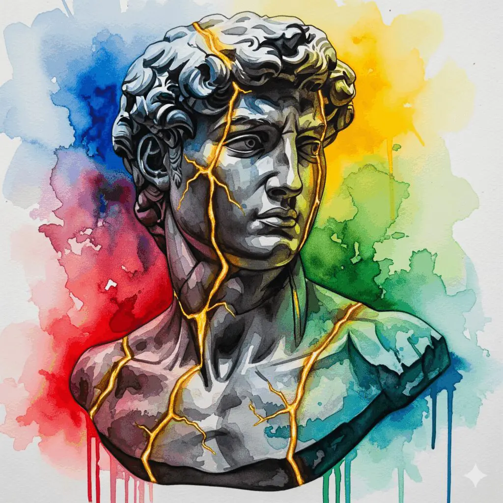 Eine männliche Statue, die nach dem Kintsugi-Prinzip mit Gold repariert wurde, als Symbol dafür, dass die Heilung von Brüchen und Wunden wahre Stärke und Schönheit schafft.