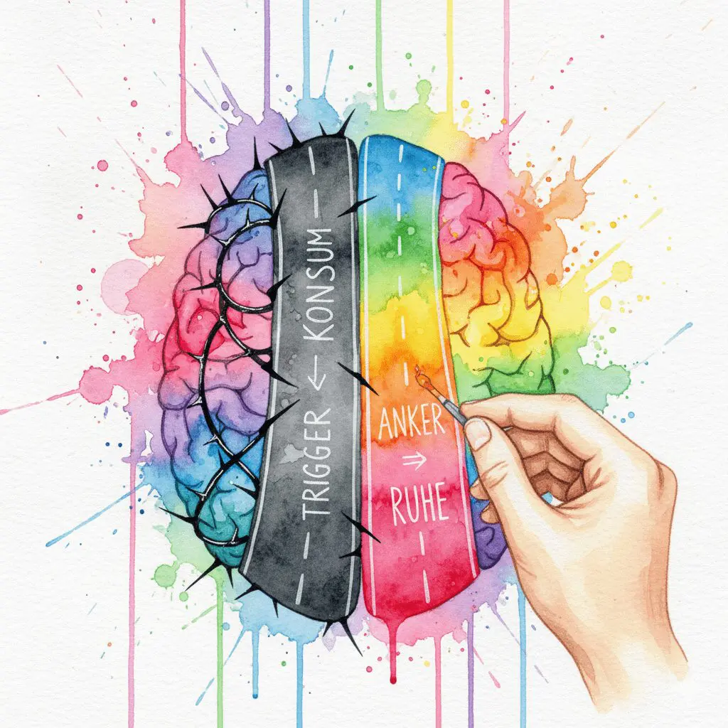 Ein Gehirn, in dem eine neue, leuchtende Nervenbahn ("Anker") neben einer alten, dunklen Sucht-Bahn gebaut wird. Symbol für das Neulernen durch NLP-Anker.