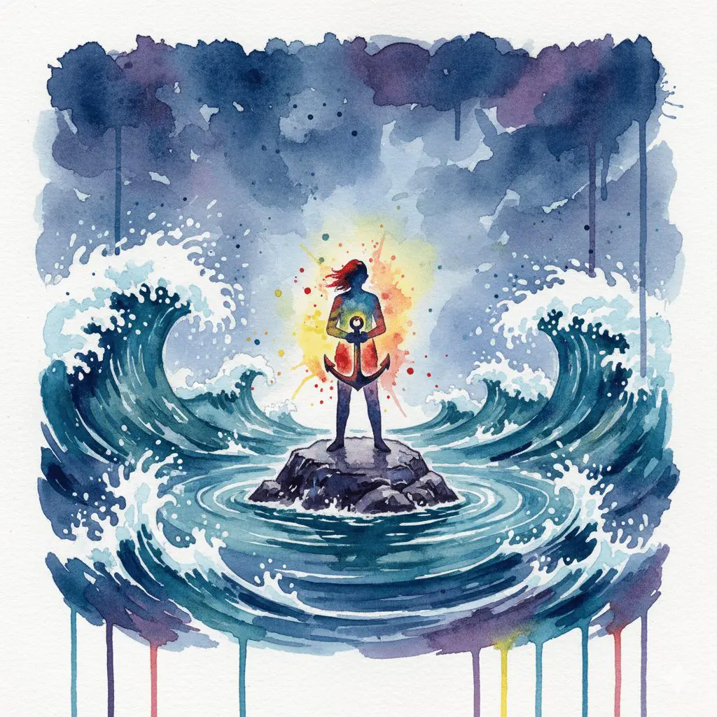 Eine Person, die mit einem leuchtenden Anker stabil in einem Sturm steht, als Symbol für die innere Stärke und Stabilität, die ein NLP-Anker in Krisen bieten kann.