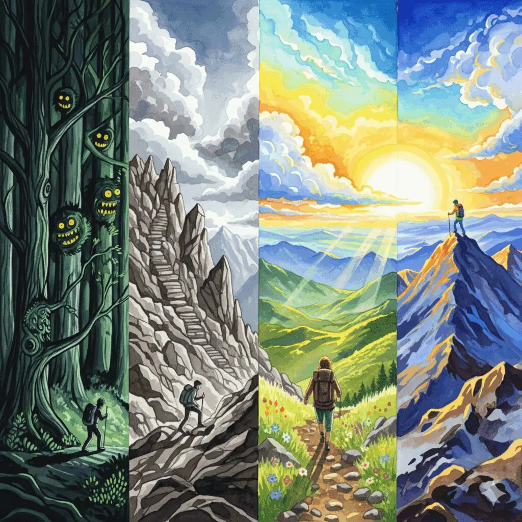 Performance Angst Recovery Reise vier Phasen Bergwanderung dunkler Wald felsiger Aufstieg Hochebene strahlender Gipfel