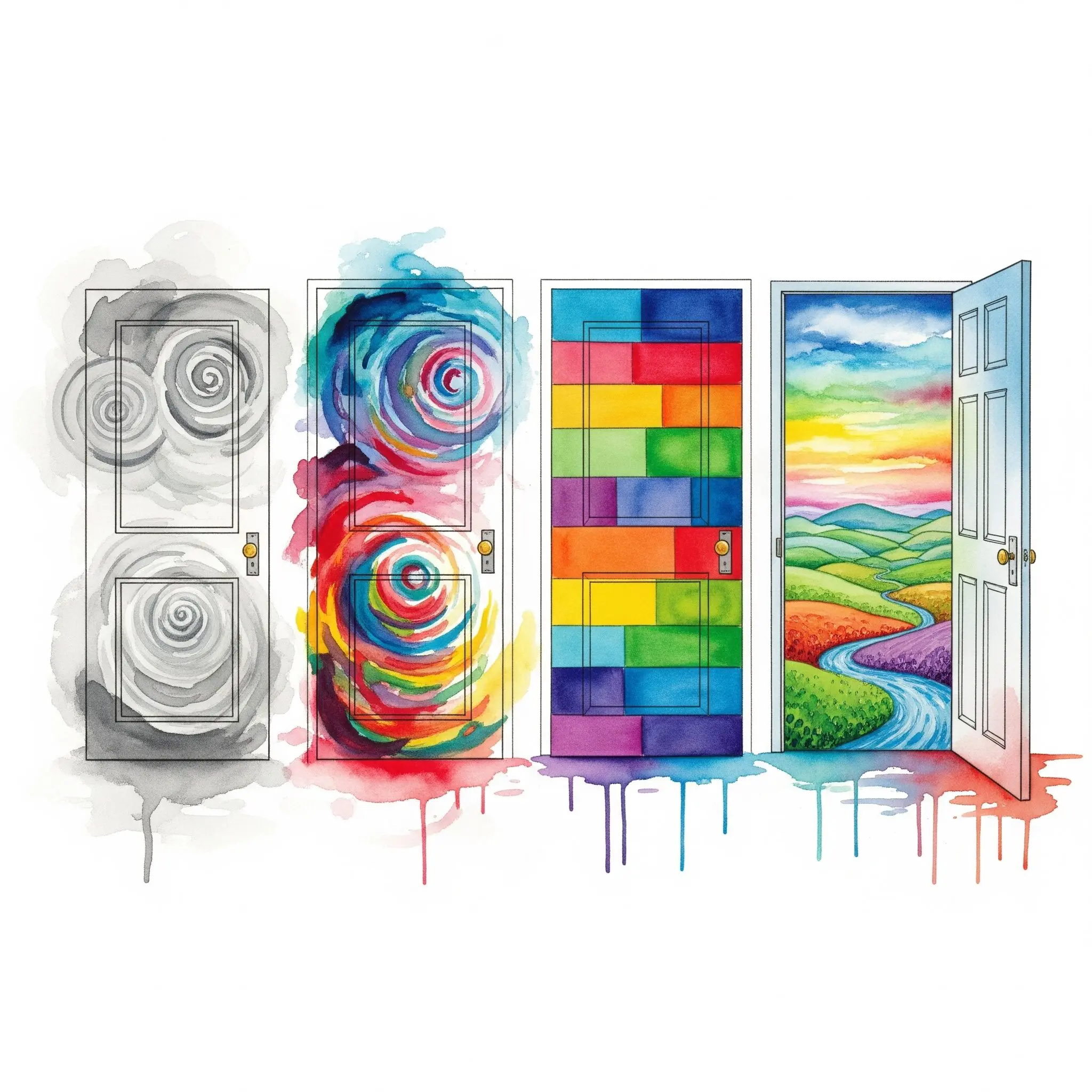 Symbolische Darstellung der vier Phasen der sexuellen Identitätsfindung in der Recovery als vier immer klarer und bunter werdende Türen.