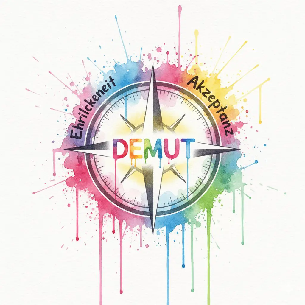 Ein Kompass, dessen Nadel auf das Wort "Demut" zeigt, als Symbol für die spirituelle und emotionale Ausrichtung in der wahren Recovery.