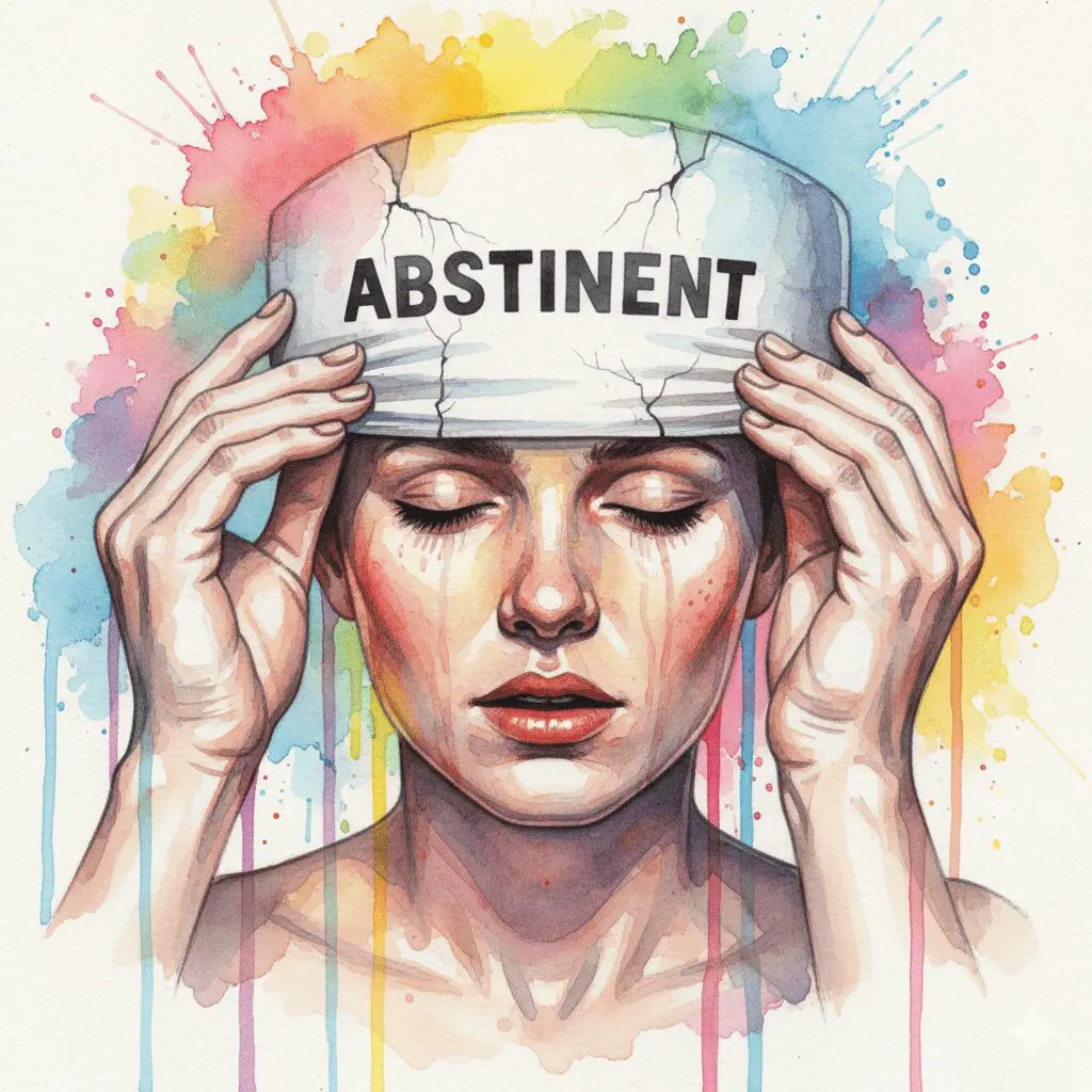 Eine Person legt eine starre "Abstinent"-Maske ab, um ihr wahres, verletzliches Gesicht zu zeigen. Symbol für den Schritt zur emotionalen Nüchternheit.