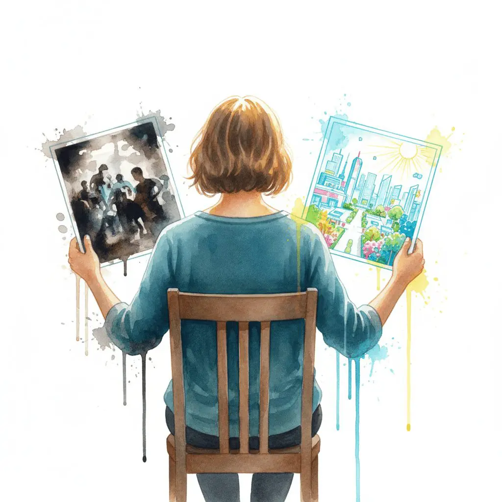 Eine Person hält einen leuchtenden Bauplan für ihre Zukunft, während sie ihre chaotische Vergangenheit hinter sich lässt. Symbol für die aktive Neugestaltung des Lebens in der Recovery.