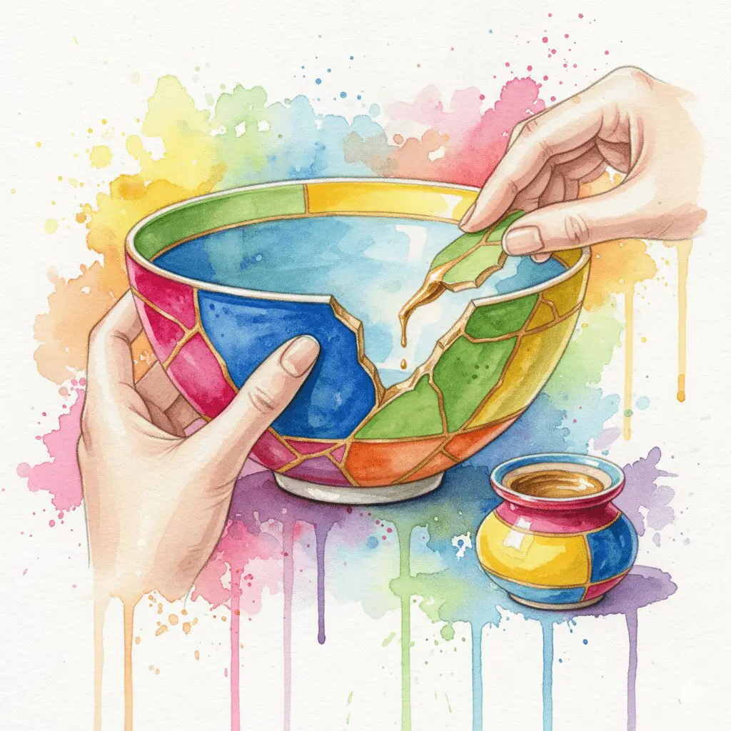 Hände, die eine bereits mit Gold reparierte Kintsugi-Schale nach einem neuen Bruch erneut heilen, als Symbol für die Stärkung der Recovery nach einem Rückfall.