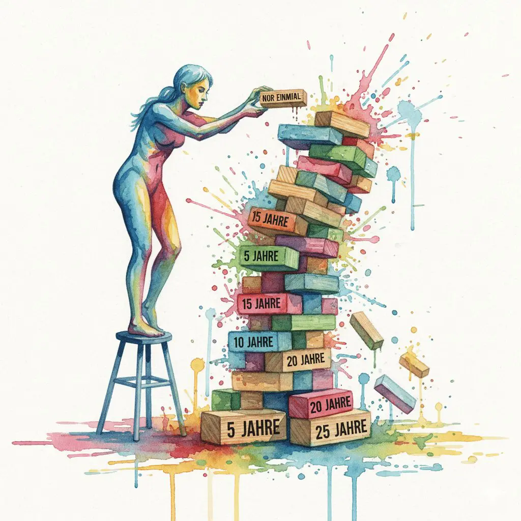 Ein hoher Turm aus Clean-Jahren, der durch einen einzigen, achtlos aufgesetzten "Nur einmal"-Klotz zum Einsturz gebracht wird. Symbol für die Gefahr der Selbstzufriedenheit in der Langzeit-Recovery.