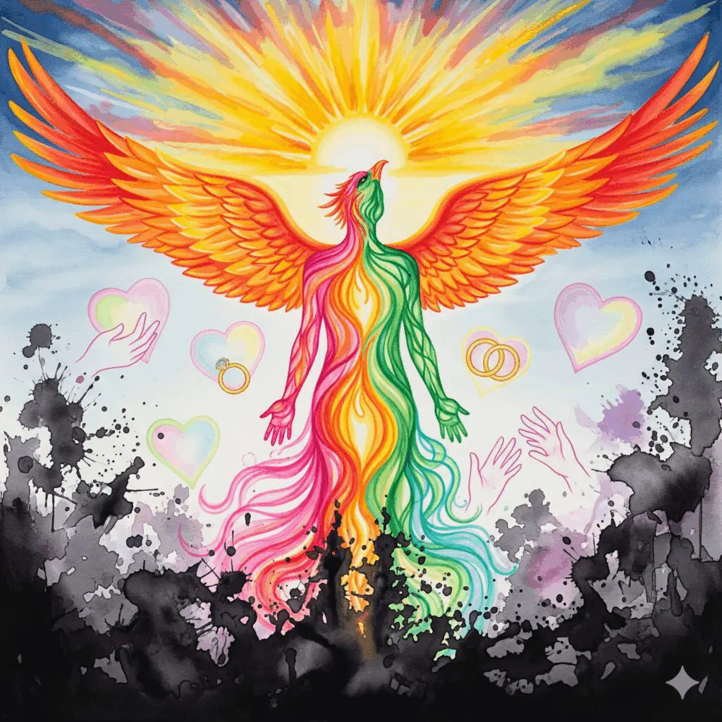 Recovery Sexualität Phoenix Transformation sexuelle Heilung Wiedergeburt nüchterne Intimität authentische Sexualität Gold Rosa Orange Grün