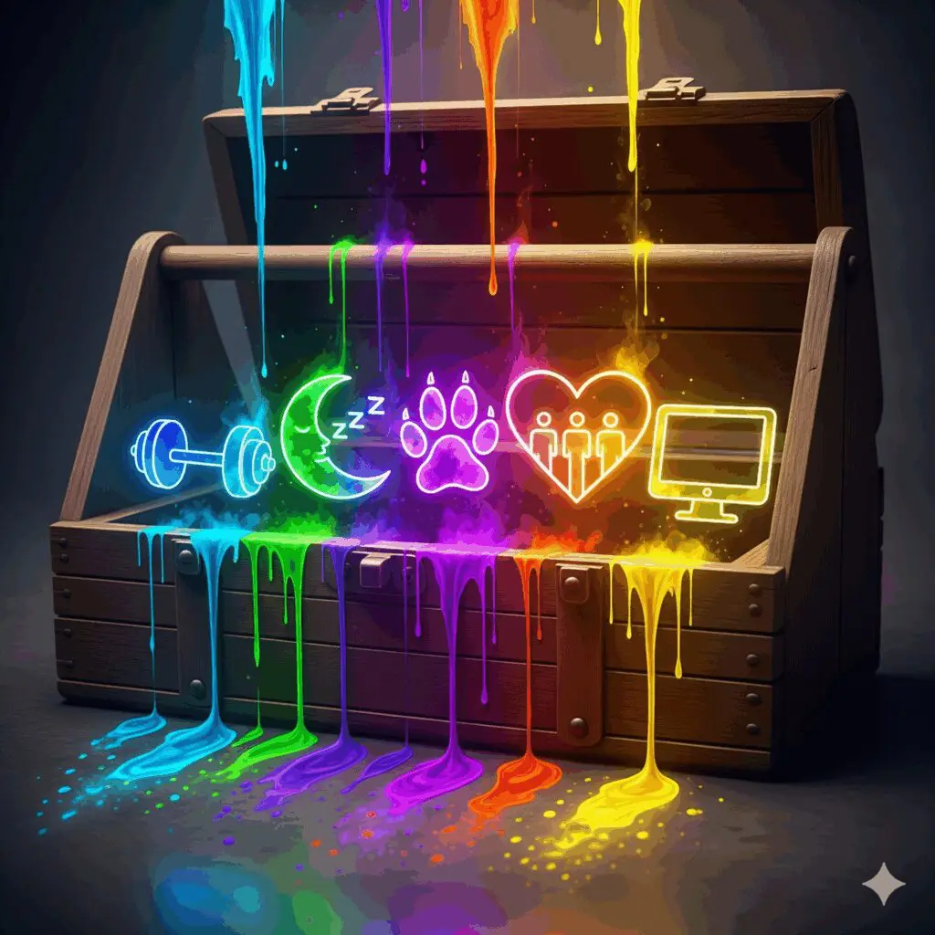 Ein Werkzeugkasten gefüllt mit Symbolen für Coping-Skills in der Sucht-Recovery – Sport, Schlaf, Tiere, Gemeinschaft und Arbeit – gemalt in Watercolor-Farben.