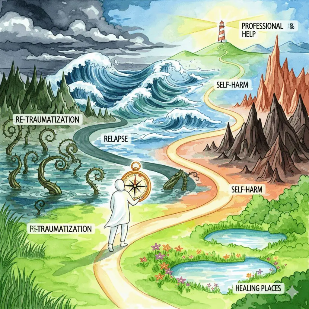 Person mit Kompass navigiert durch gefährliche Landschaften - Sümpfe, Stürme, Klippen mit Leuchttürmen und sicheren Pfaden in Watercolor