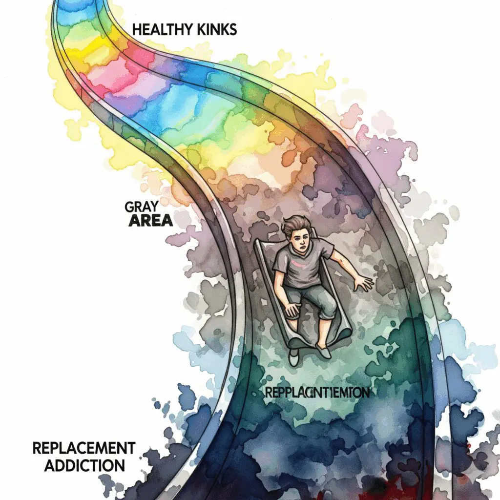 Watercolor-Illustration einer Rutschbahn die von hellen fröhlichen Farben zu dunklen bedrohlichen Bereichen führt, zeigt Übergang von gesunden Kinks zu gefährlicher Ersatzsucht