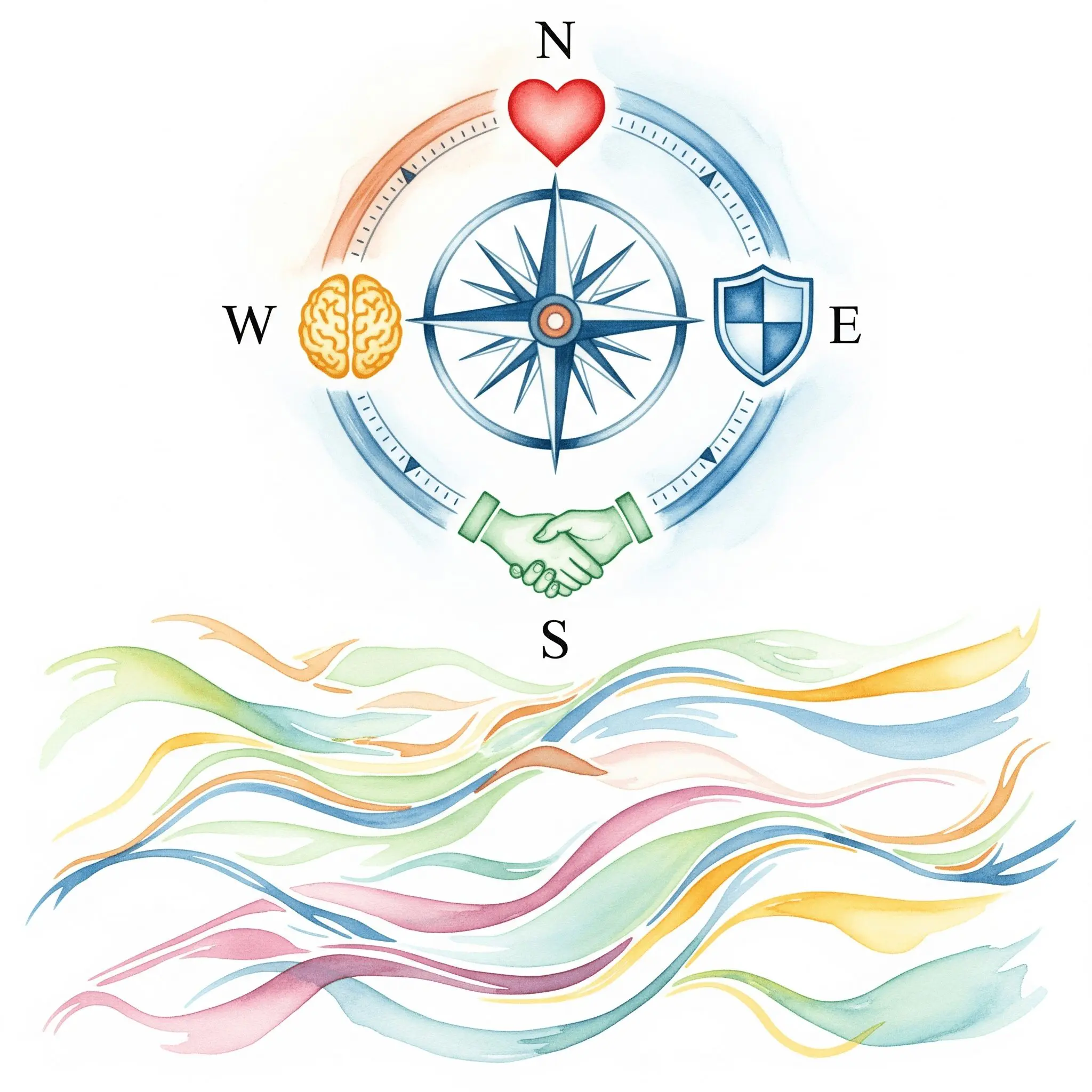 Sicherheits Kompass Recovery Sexualität Schutz Navigation emotionale körperliche soziale mentale Sicherheit Herz Schild Hände Gehirn