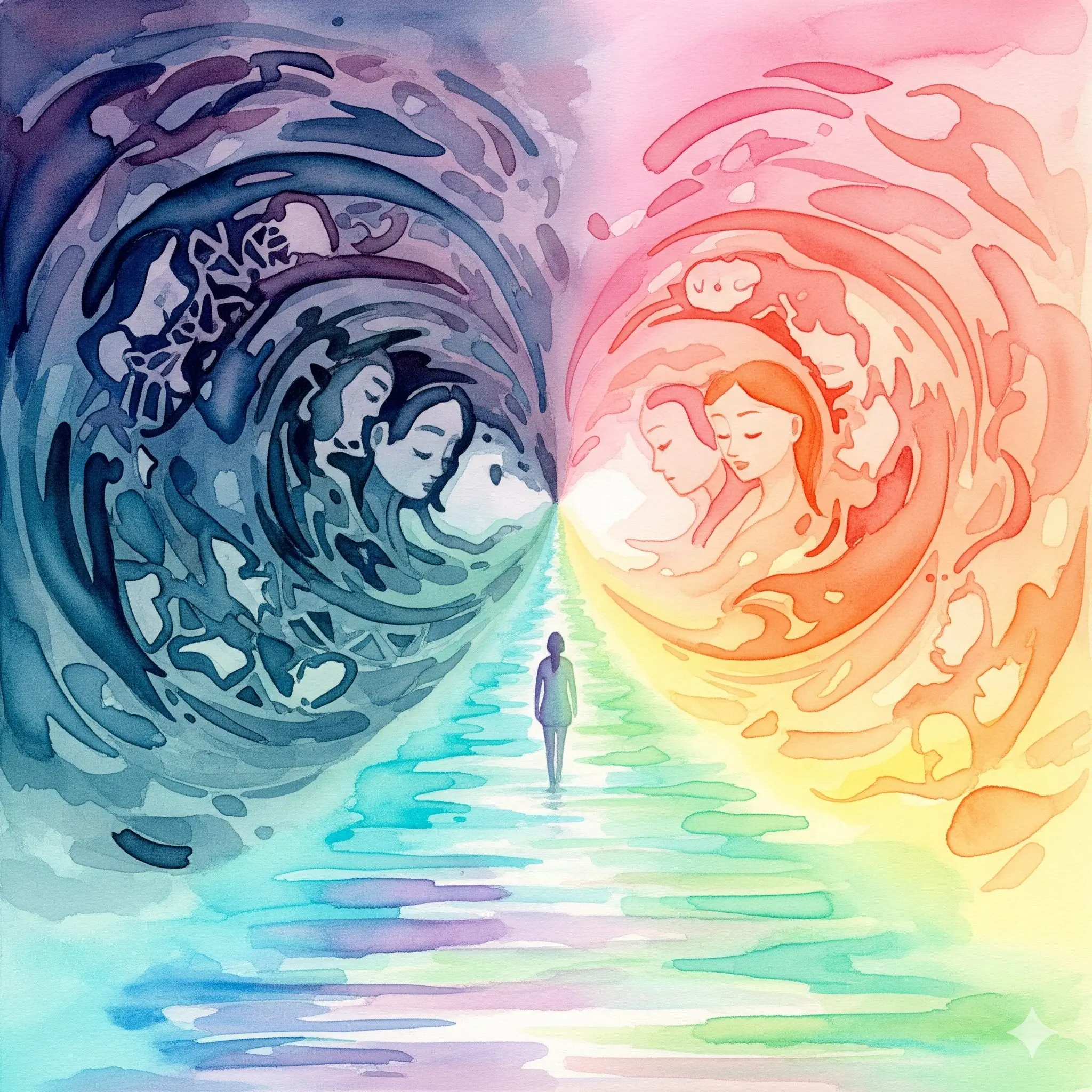 Spektrum von verzerrten zu realistischen Selbstbildern, Person navigiert zwischen Extremen in heilenden Farben