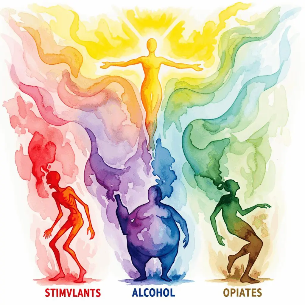 Verschiedene Silhouetten zeigen Substanz-Auswirkungen - dünne, aufgedunsene, schwankende Gestalten mit heilender goldener Integration