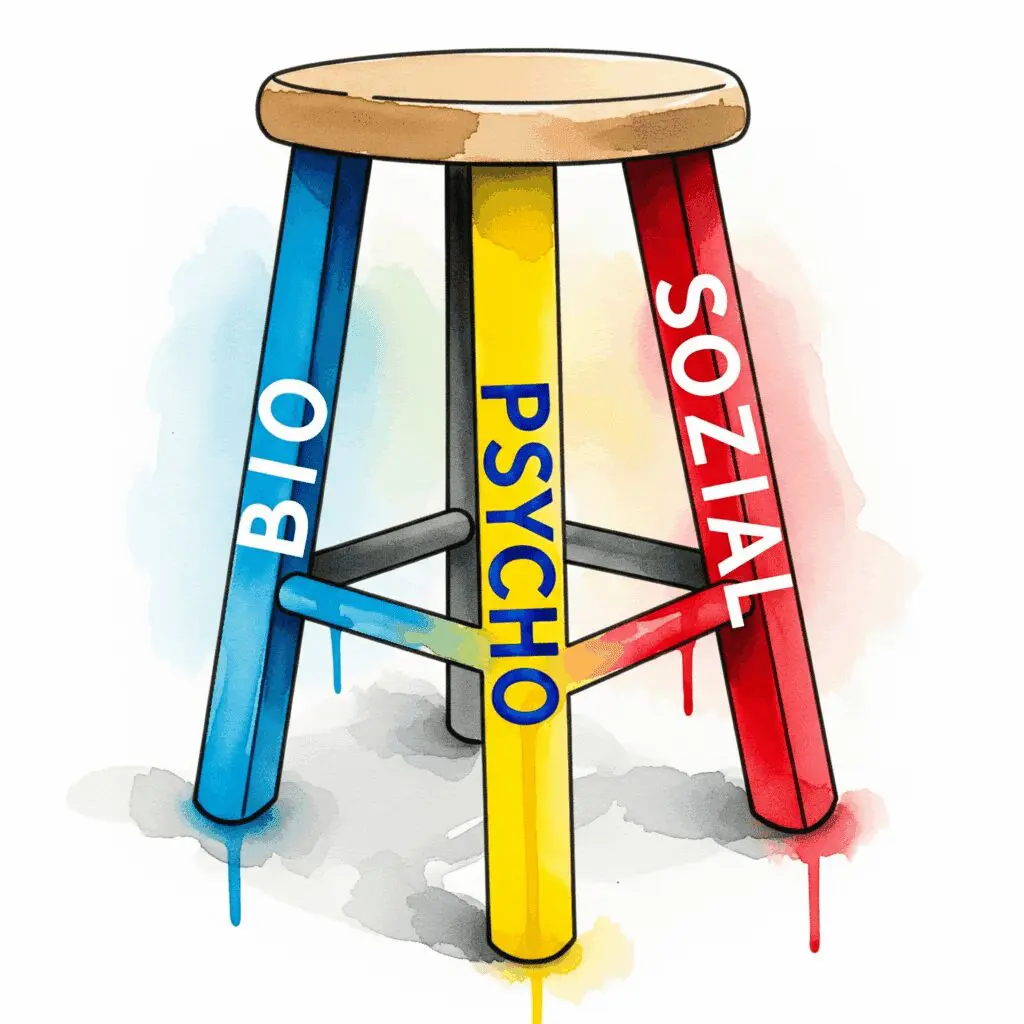 Ein stabiler Hocker, dessen drei Beine mit "Bio", "Psycho" und "Sozial" beschriftet sind, als Symbol für das biopsychosoziale Modell der Sucht.