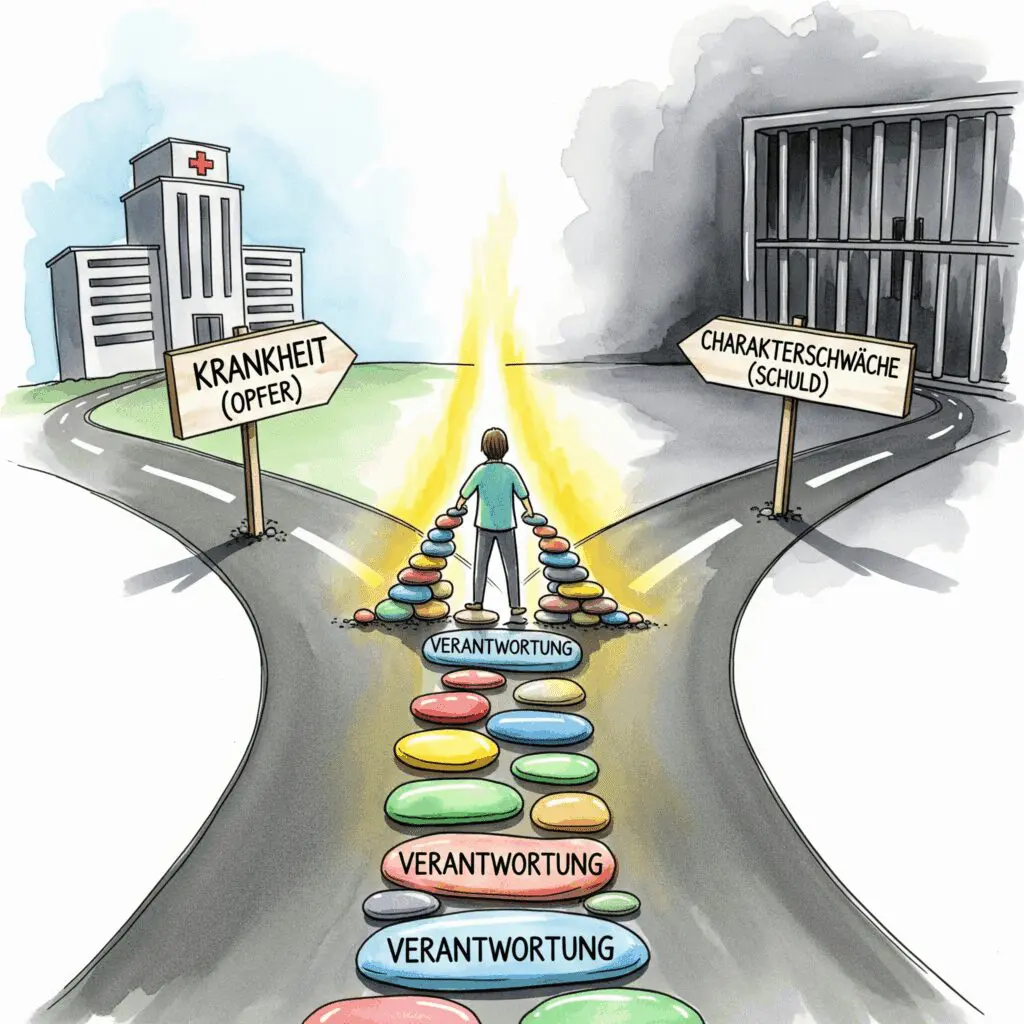 Eine Person an einer Weggabelung zwischen "Opfer" und "Schuld", die einen dritten Weg der "Verantwortung" baut. Symbol für die Überwindung des falschen Dilemmas bei Sucht als Krankheit.