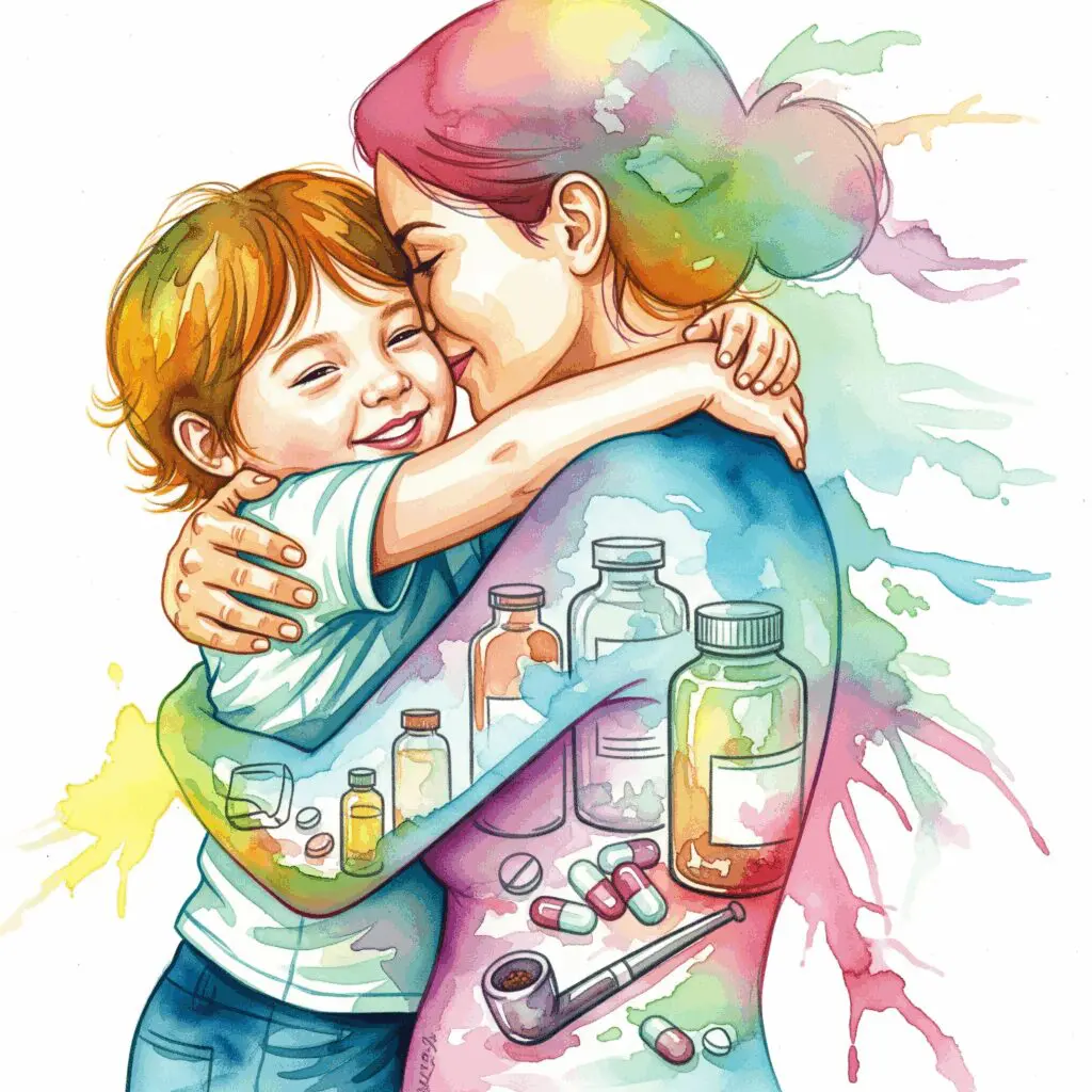 Eine Mutter, die ihr Kind umarmt, aber selbst verblasst und durch Suchtmittel ersetzt wird, als Symbol für den Selbstverlust und den inneren Konflikt einer süchtigen Mutter.