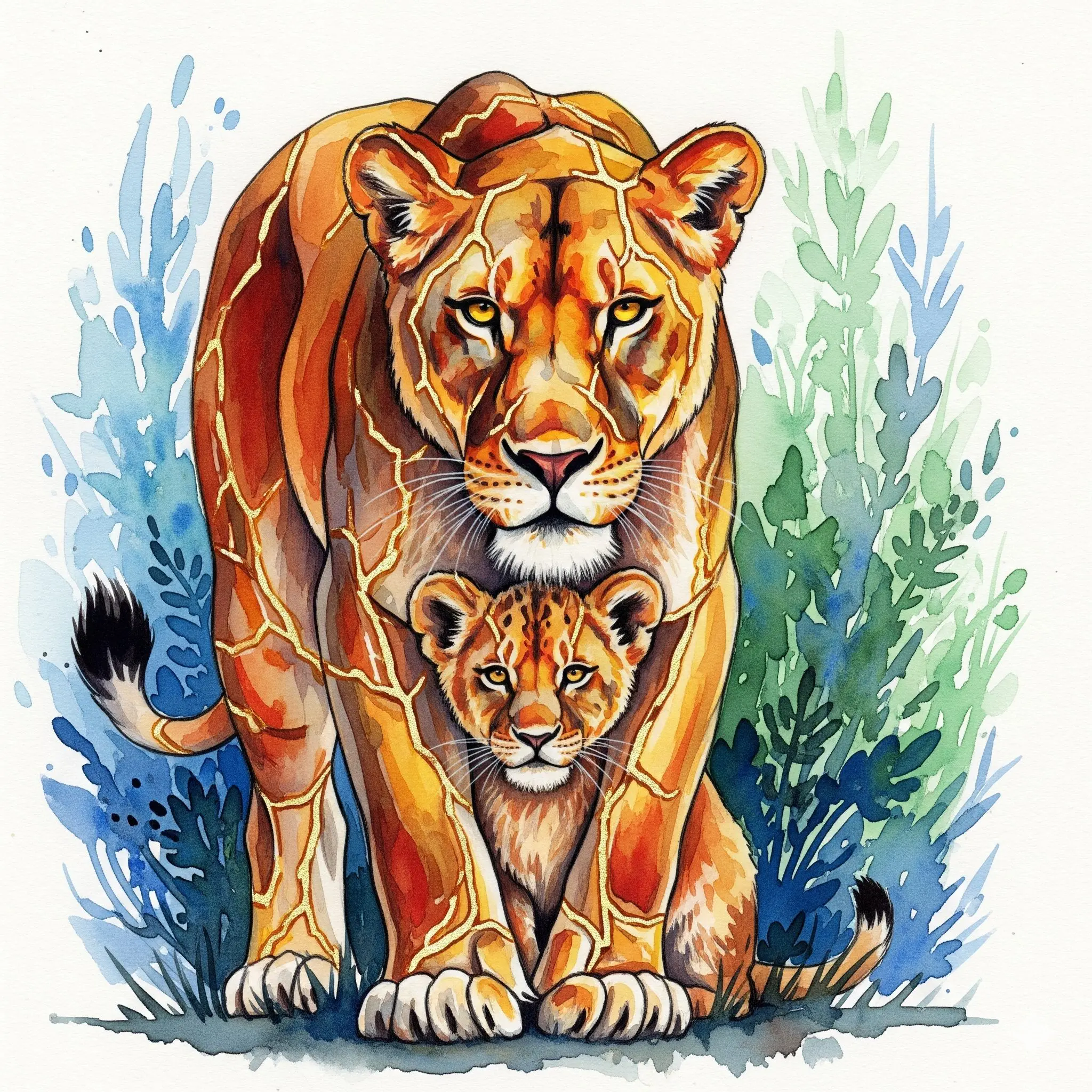 Eine starke Löwin mit goldenen Kintsugi-Narben, die ihr Junges beschützt, als Symbol für die wahre Stärke einer Mutter, die ihre Wunden anerkennt und für ihr Kind heilt.