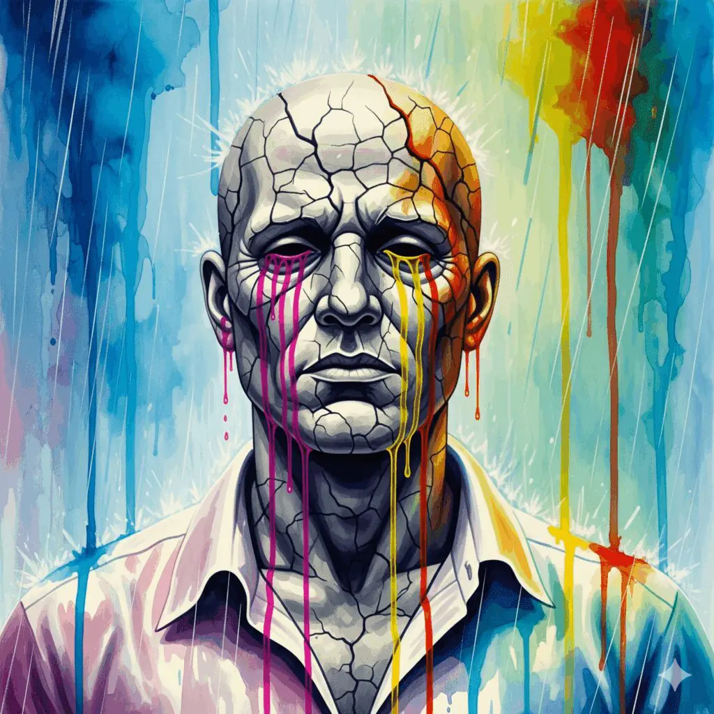 Künstlerische Darstellung eines Mannes als steinerne Statue, dessen Fassade bricht und bunte, emotionale Tränen freigibt. Symbol für die tödliche Last toxischer Männlichkeit.