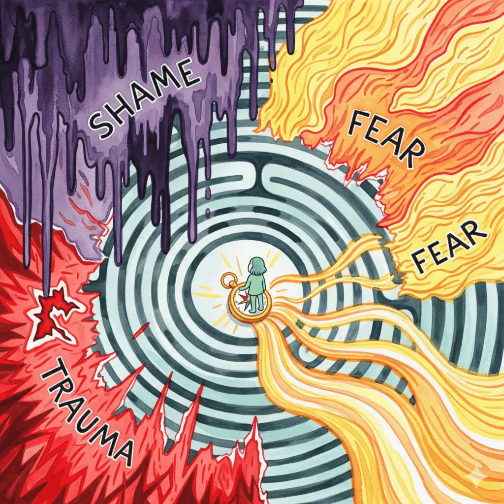 Trauma Scham Labyrinth Sexualität Recovery Ausweg emotionale Wände Violett Schwarz Rot Orange goldener Kompass Hoffnung