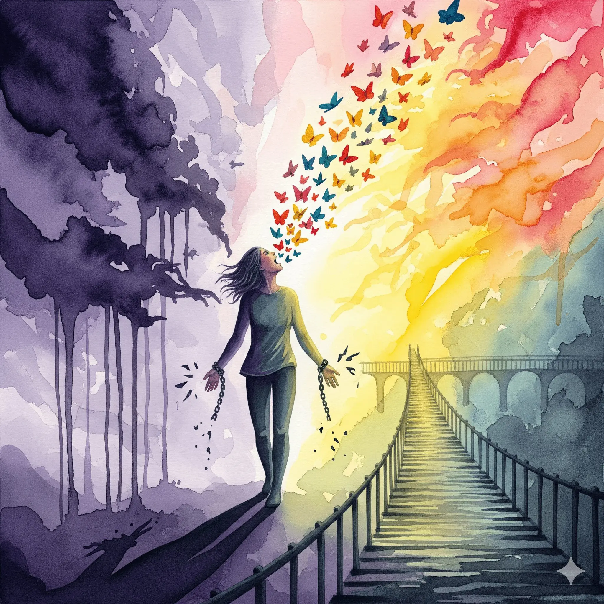 Person bricht aus dunklem Schatten ins Licht, zerbrochene Ketten fallen, Schmetterlinge fliegen aus dem Mund - Trauma-Schweigen brechen in bunten Watercolor-Farben