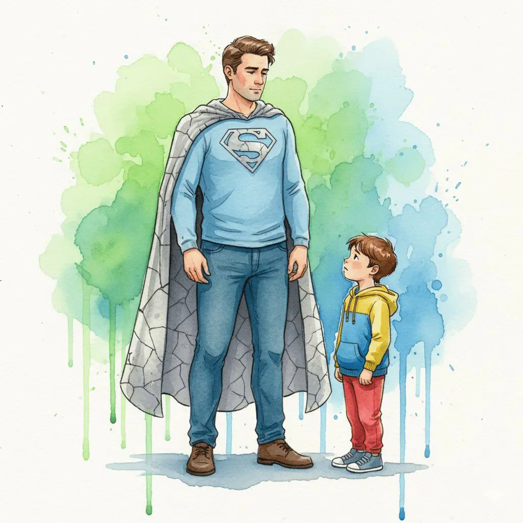 Ein Vater, der von einem schweren Superhelden-Umhang aus Stein niedergedrückt wird, als Symbol für die unerträgliche Last des "starken Papa"-Mythos.