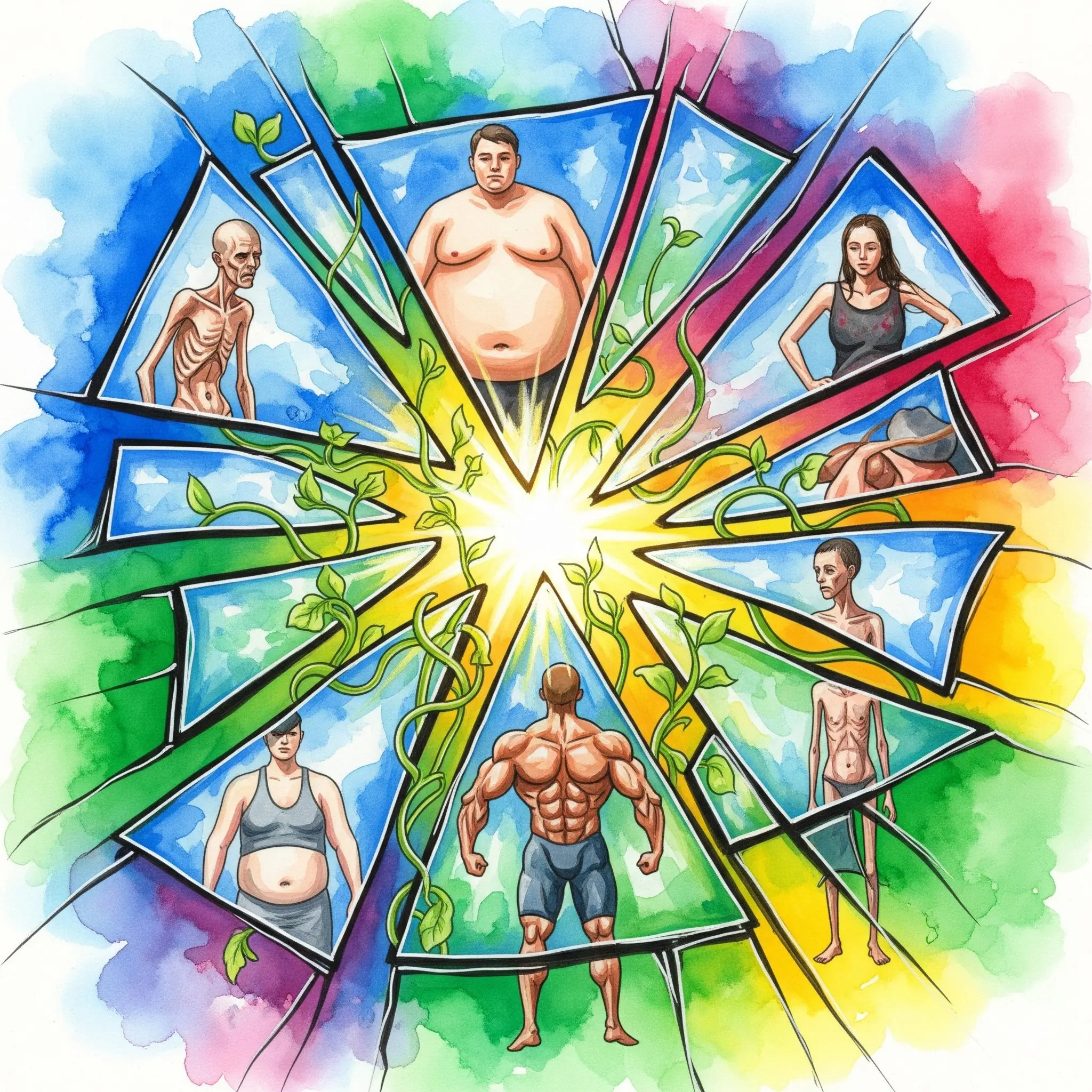 Zerbrochener Spiegel zeigt verzerrte Selbstbilder, aus Rissen wächst neues grünes Leben in bunten Watercolor-Farben - Body Image Recovery Symbol