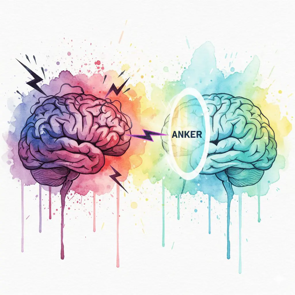 Ein Schutzschild ("Anker") wehrt die negative Energie eines chaotischen Gehirns von einem ruhigen Gehirn ab. Symbol für den Schutz vor emotionaler Ansteckung.