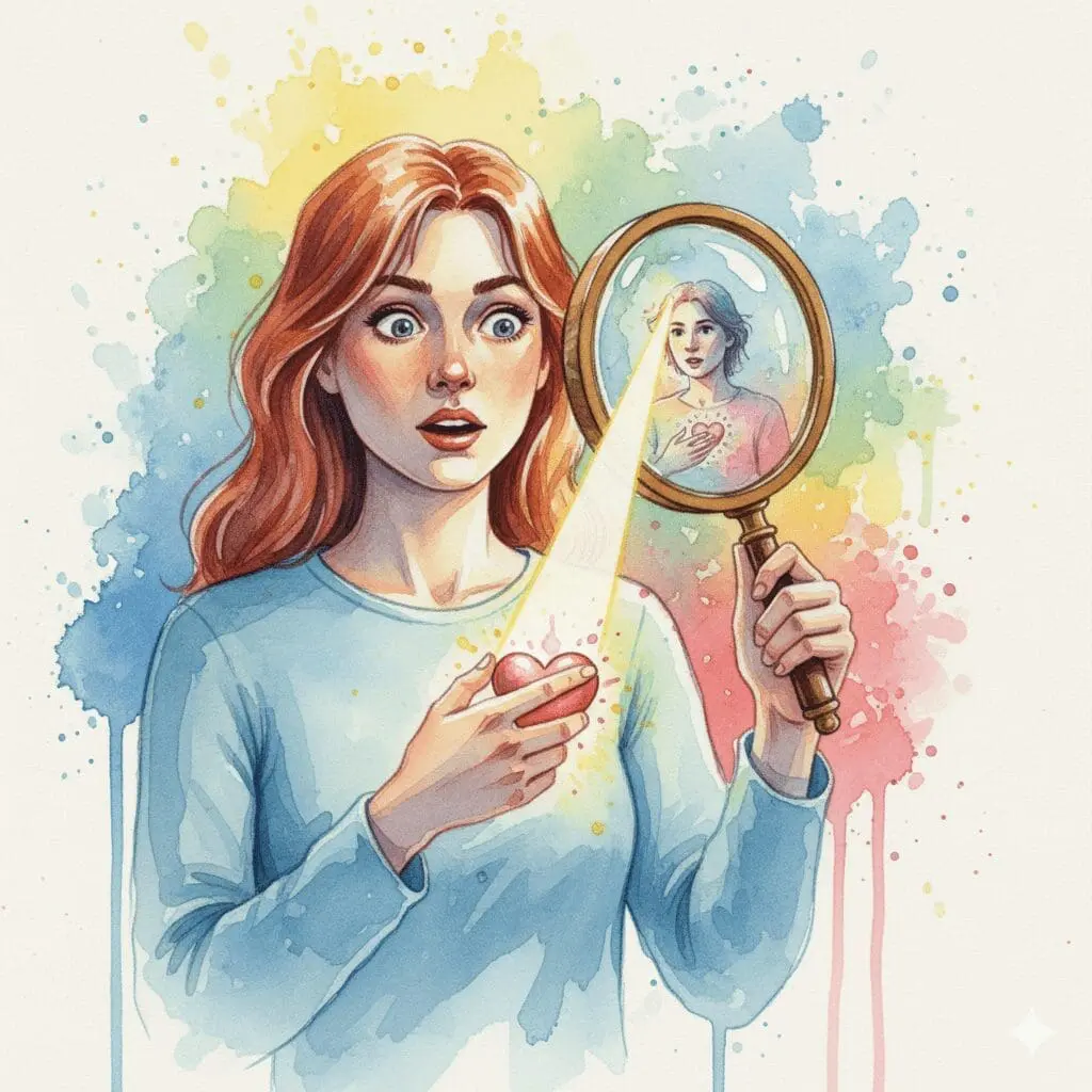 Eine Person, die eine Lupe von einer anderen Person weg und auf sich selbst richtet, als Symbol für den heilsamen Fokus-Wechsel bei Co-Abhängigkeit.