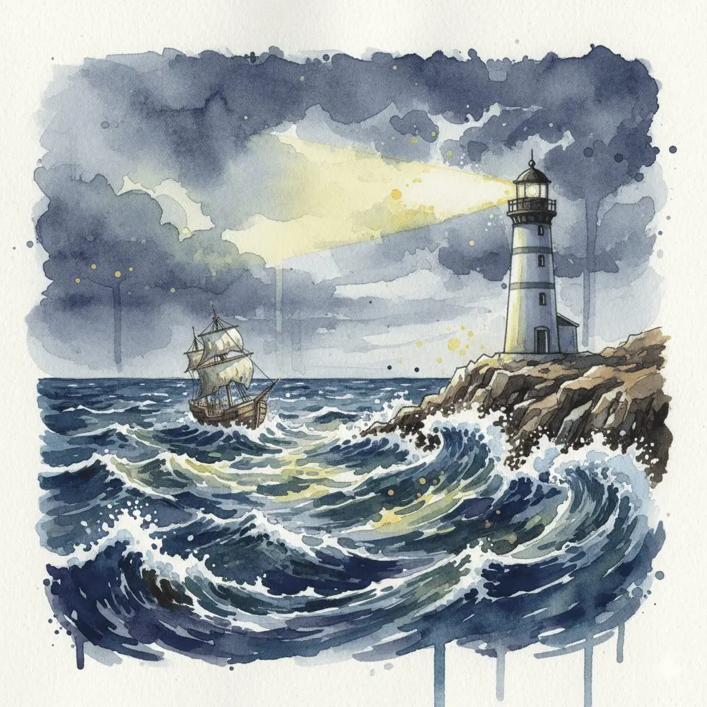 Ein starker Leuchtturm, der einem Schiff im Sturm den Weg weist, als Symbol für die gesunde Rolle eines Angehörigen in der Sucht-Recovery.